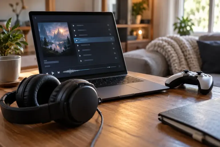 Headphones beside a laptop displaying a generic soundtrack track list with a game controller resting unused nearby.