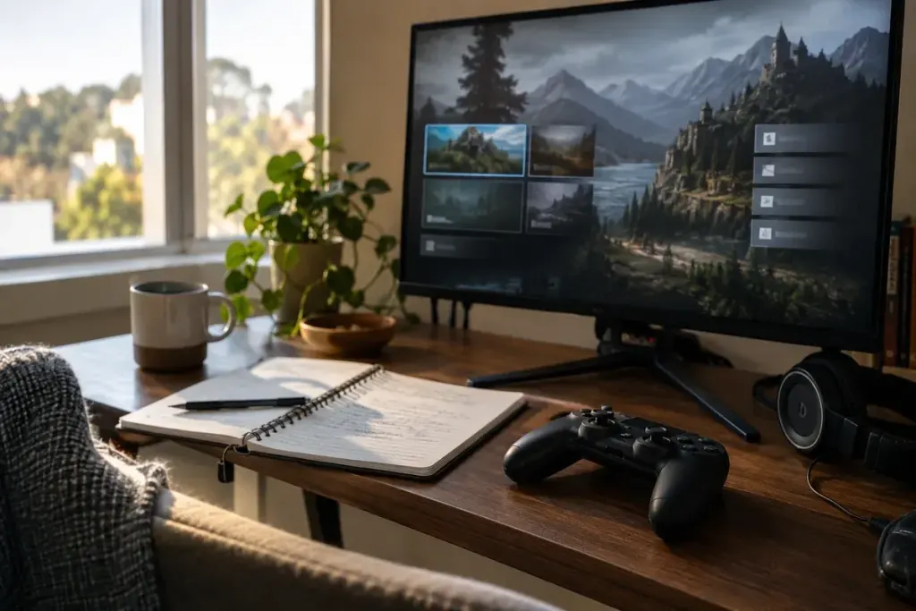 A gaming monitor with abstract menu blocks beside a controller and handwritten notebook with unreadable text.