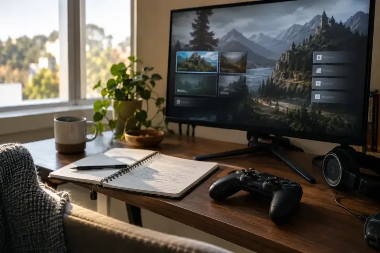 A gaming monitor with abstract menu blocks beside a controller and handwritten notebook with unreadable text.