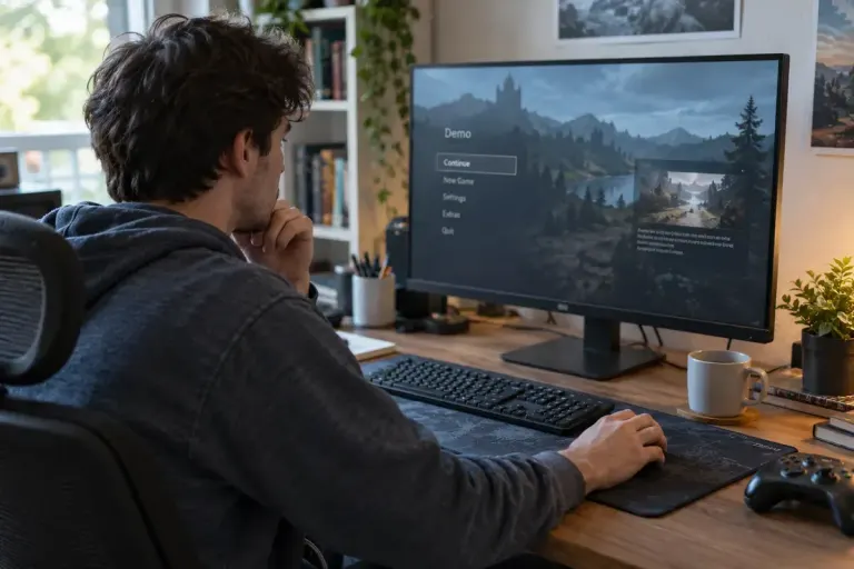 A gamer reading a game demo menu on a home computer.