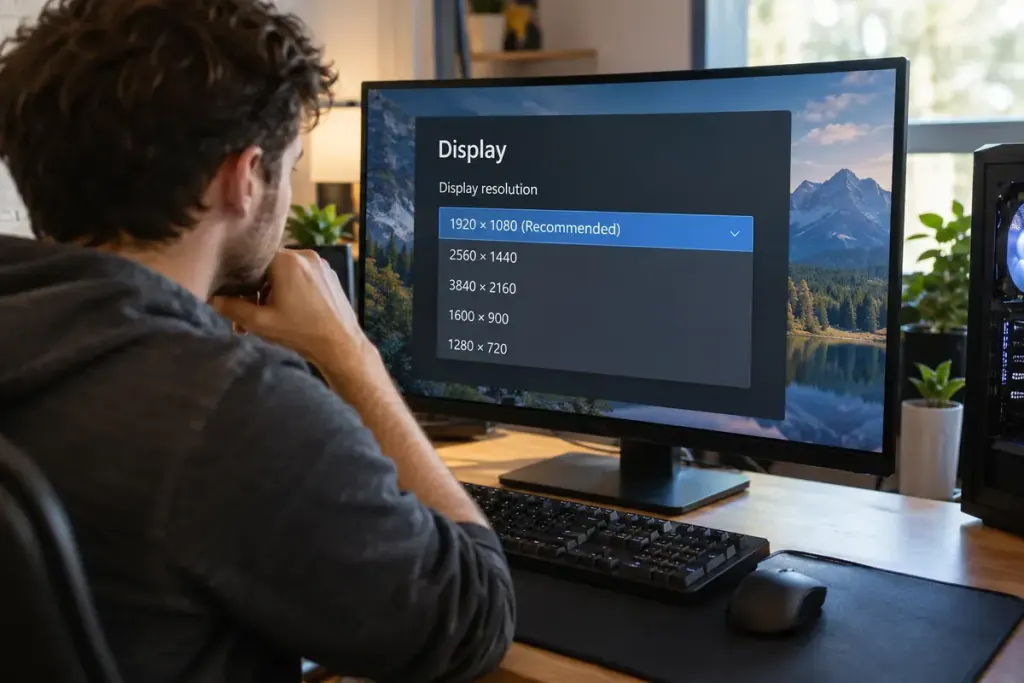 A gamer reviewing a generic display resolution menu on a desktop monitor.