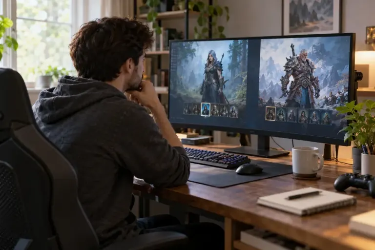 A player comparing character options on a game screen.