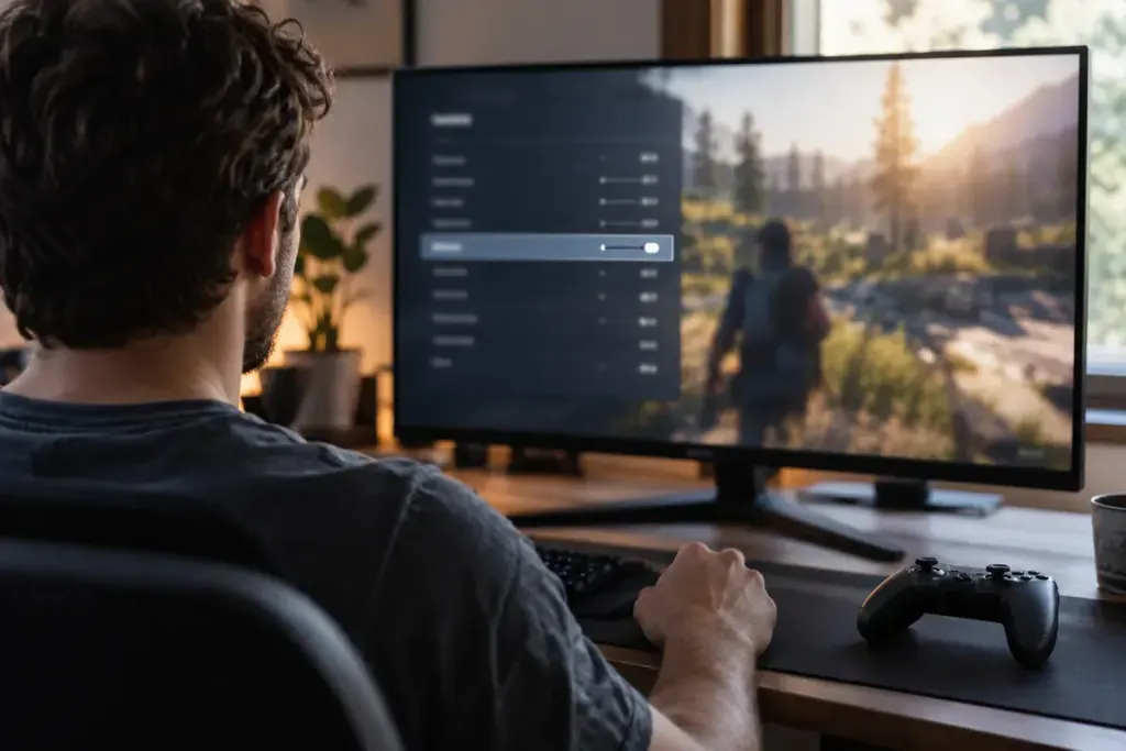 A person adjusting video settings on a blurred game monitor with a controller on the desk.