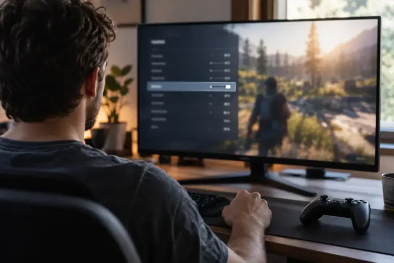 A person adjusting video settings on a blurred game monitor with a controller on the desk.