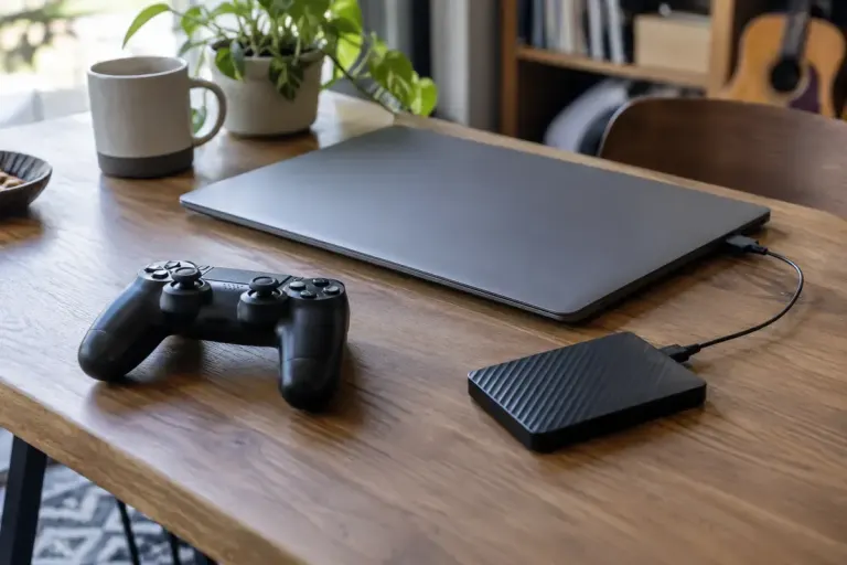 A game controller and portable storage drive beside an unbranded closed laptop.