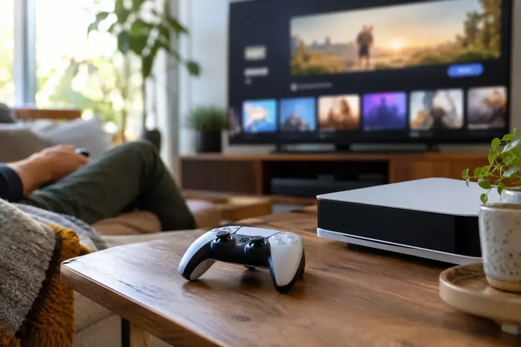 A game controller beside a console and an unbranded subscription information screen in a living room.