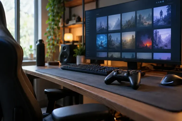 A gaming desk with a controller and a computer showing a generic library of blank game tiles.