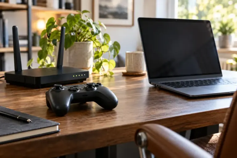 Game controller beside a home router and a laptop on a desk.