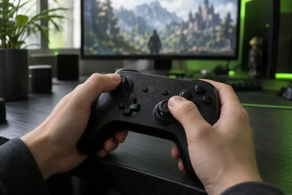 A hand resting on the analogue stick of an unbranded controller at a gaming desk.