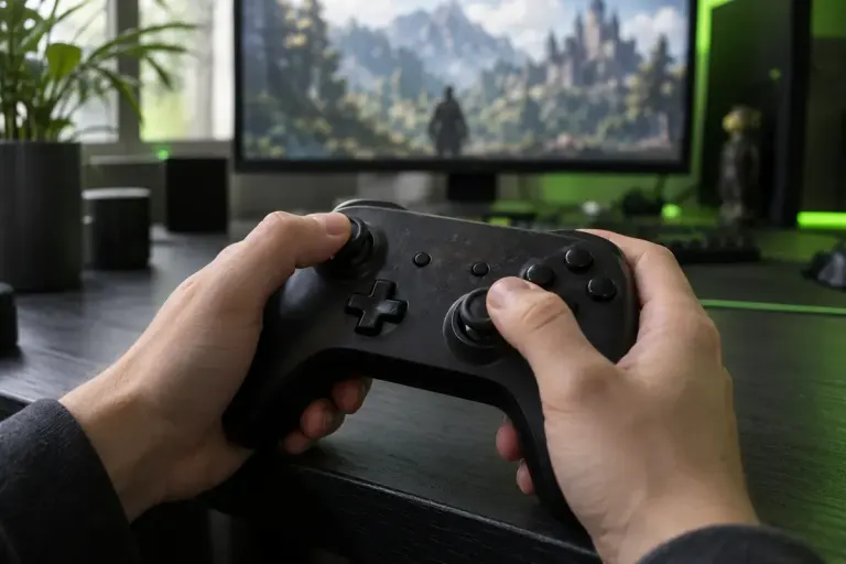 A hand resting on the analogue stick of an unbranded controller at a gaming desk.