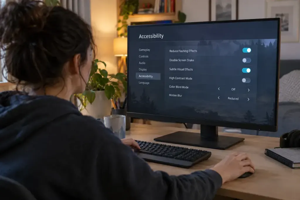 A gamer reviewing accessibility settings on a monitor in a softly lit room.