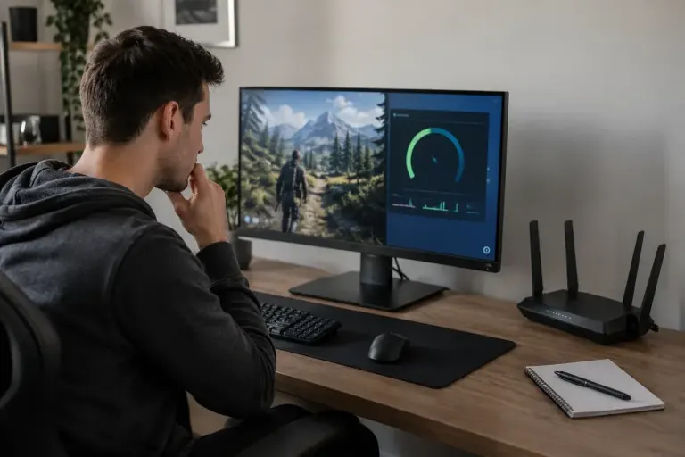 Pc gamer comparing a monitor and home router in a realistic uncluttered gaming setup, neutral lighting.