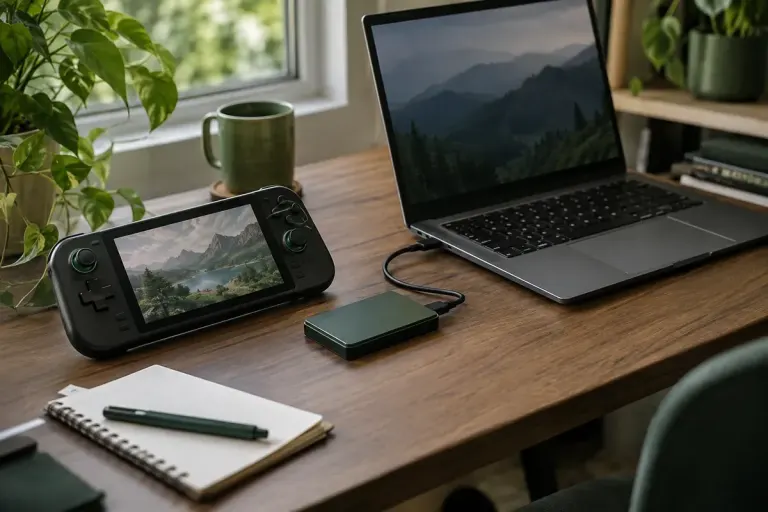 A handheld gaming device beside a laptop, external drive and notebook.