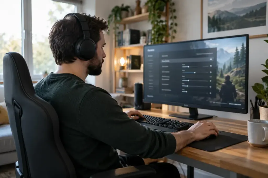 Adult gamer calmly adjusting a game settings menu at a desktop monitor, blurred unbranded interface, well-lit room.