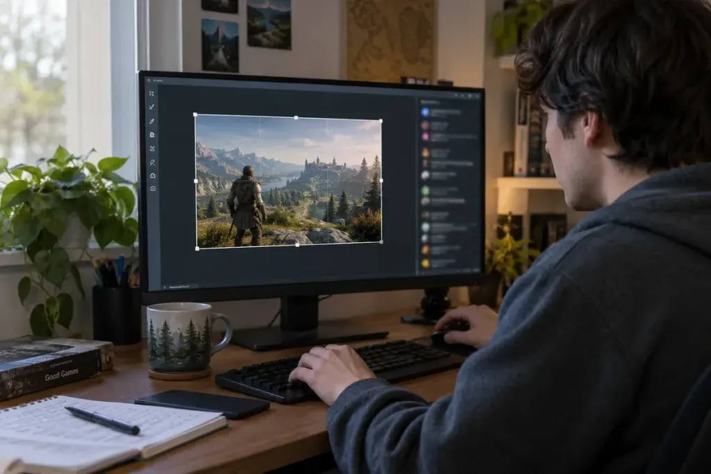 Gamer cropping a screenshot on a computer with a generic game scene and blurred chat panel, privacy review at home desk.