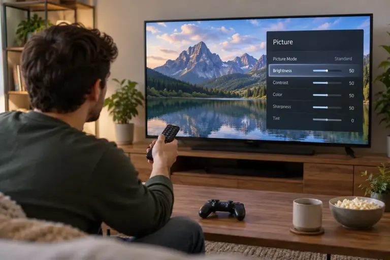 Person adjusting a television picture menu with game controller nearby.