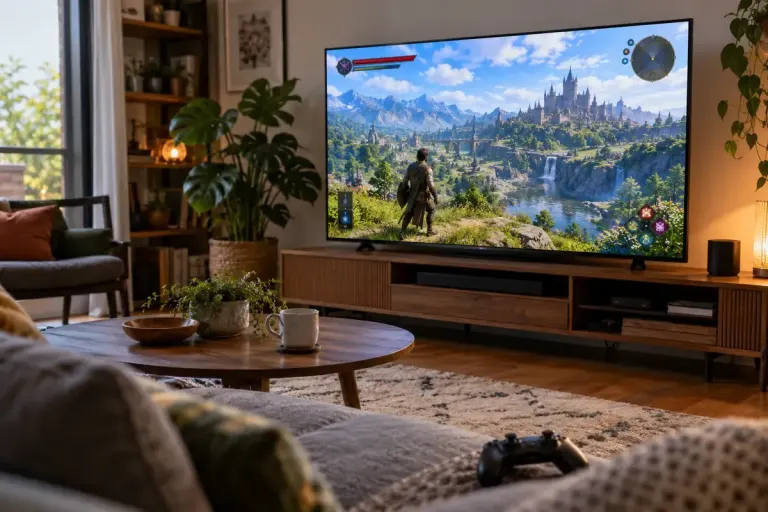 A television showing an invented colourful game with interface panels near the edges, controller on sofa.