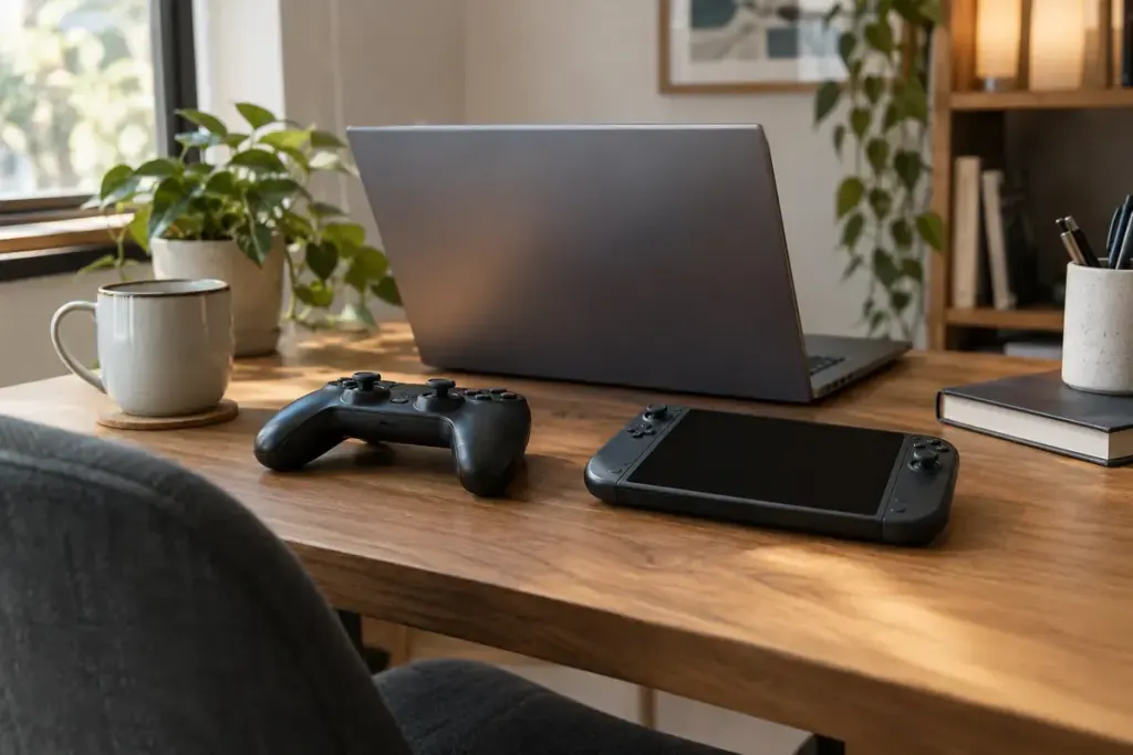 A controller and handheld gaming device beside a laptop.