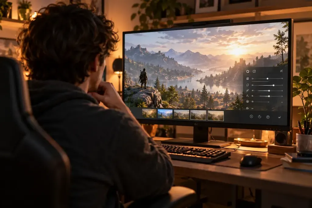 A gamer exploring an original landscape game photo mode on a monitor, interface, warm desk light.