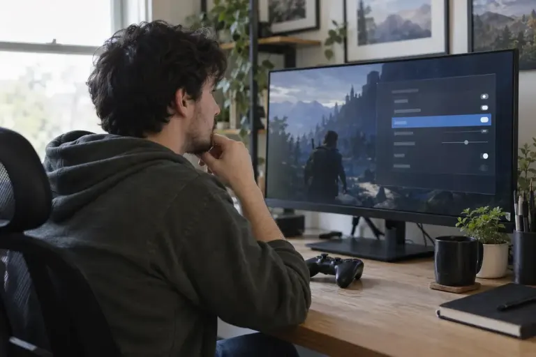 A gamer reviewing accessibility options on a monitor beside a controller.