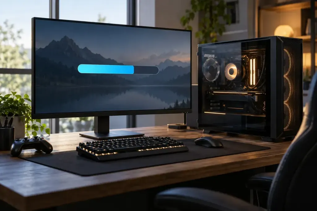 A game progress bar displayed beside a desktop computer.